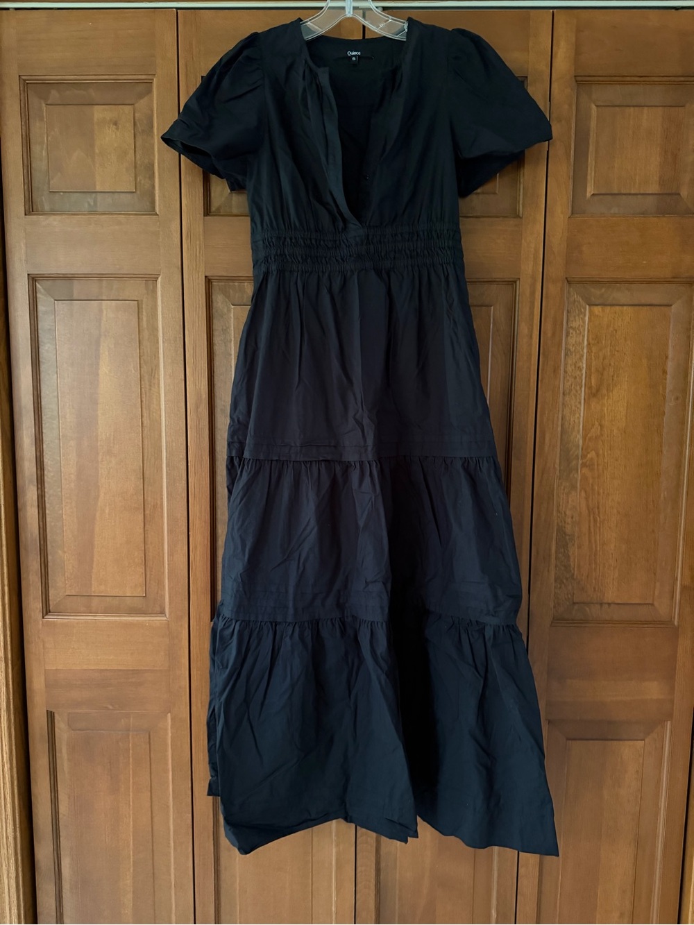 Quince Black Tiered Maxi Dress with Puff Sleeves